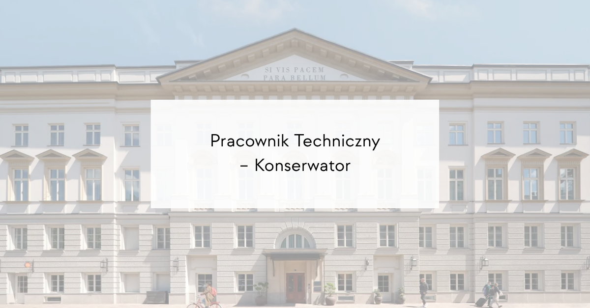 Facade of a pale, classical building with a central entrance and a translucent overlay displaying 'Pracownik Techniczny – Konserwator'