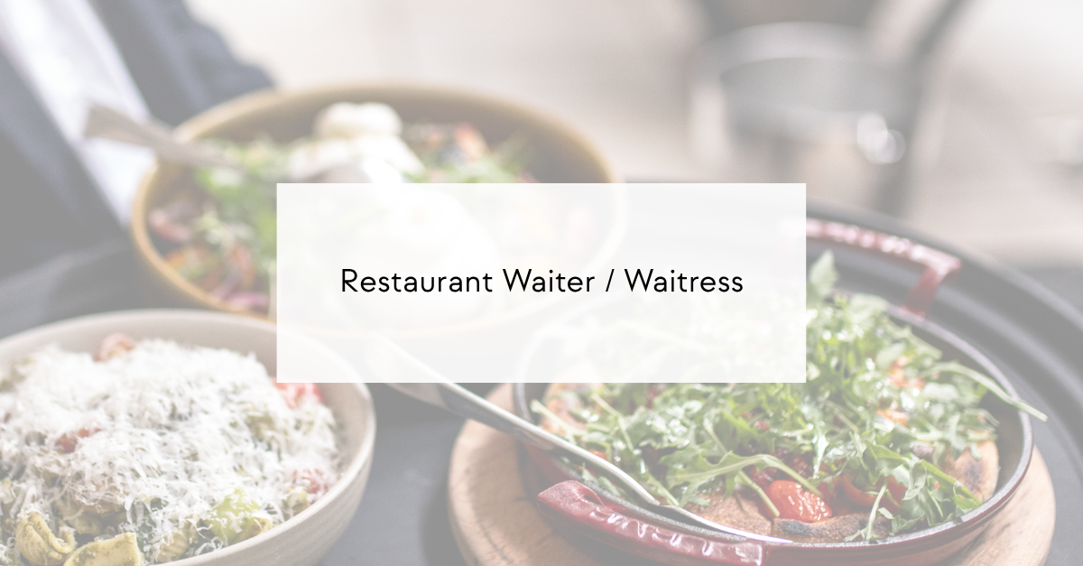 Blurred restaurant table with plated meals and a translucent banner reading 'Restaurant Waiter / Waitress'.