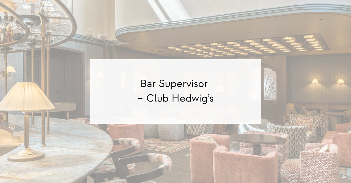 Bar lounge interior with a marble bar, warm lighting, and pink upholstered seating; overlay reads 'Bar Supervisor – Club Hedwig’s'.